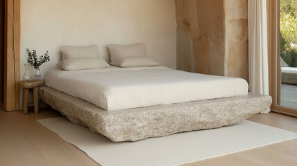 Modern bedroom with a large bed in the center. the bed has a white mattress and three beige pillows on top.