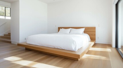 Modern and minimalist bedroom with a large wooden bed in the center. the bed has a wooden headboard and footboard, and is made up with white linens and two white pillows.
