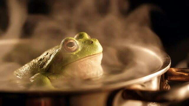 A vibrant green frog bathed in warm steam rising from a cooking pot closeup nature photography