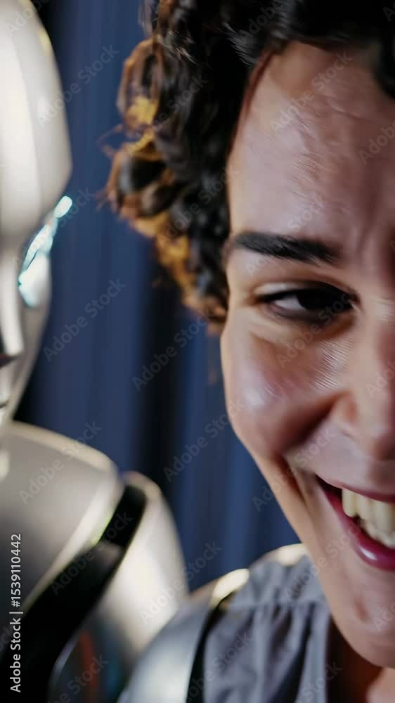 Poster humanrobot interaction in closeup with smiling faces