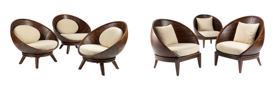 Set of four modern wooden chairs with round cushions