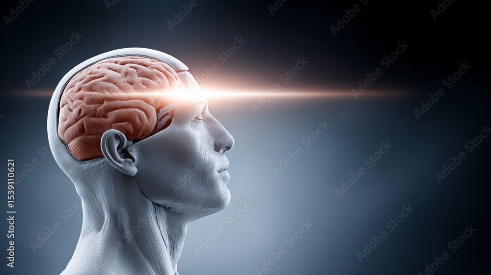 Poster man head with brain showing and bright light ray from forehead. concept of psychic power, wisdom, an