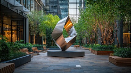 Modern art sculpture in urban courtyard