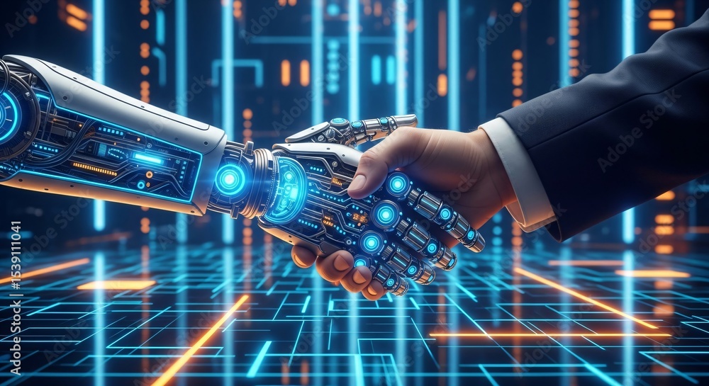 Poster a man and a robot shaking hands in a futuristic digital environment. human and artificial intelligen