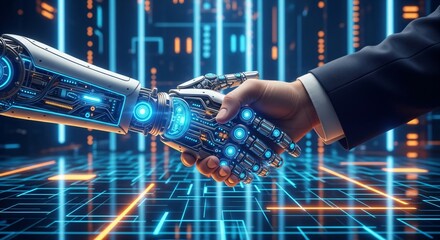 A man and a robot shaking hands in a futuristic digital environment. Human and artificial intelligence collaboration concept.