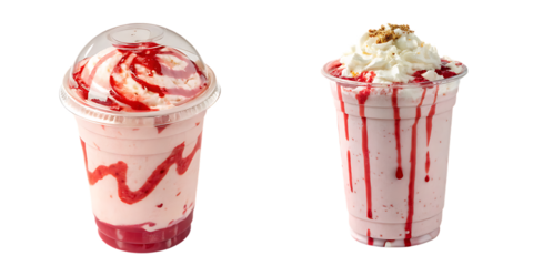  Two strawberry milkshakes with cream and syrup in clear cups