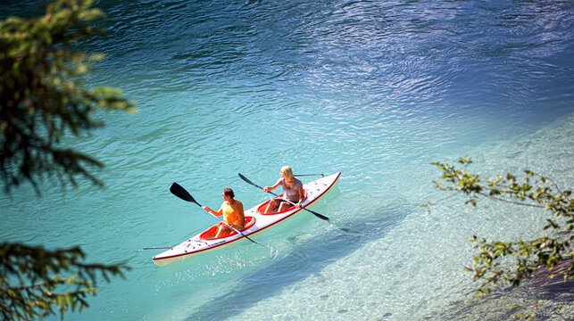 Aerial view of a kayak in the blue sea .Woman kayaking She does water sports activities