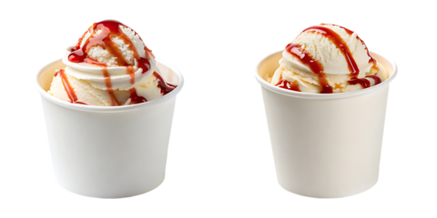 Two cups of vanilla ice cream with strawberry syrup drizzle