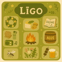 Ligo Festival Essentials – Latvian Midsummer Celebration Icons. Traditional symbols of Ligo – Latvia’s midsummer festival. A perfect visual summary of Ligo traditions