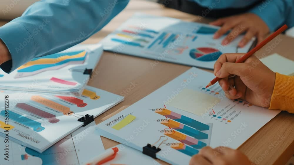 Poster startup company employee work together, analyze colorful bi dashboard paper with financial data repo