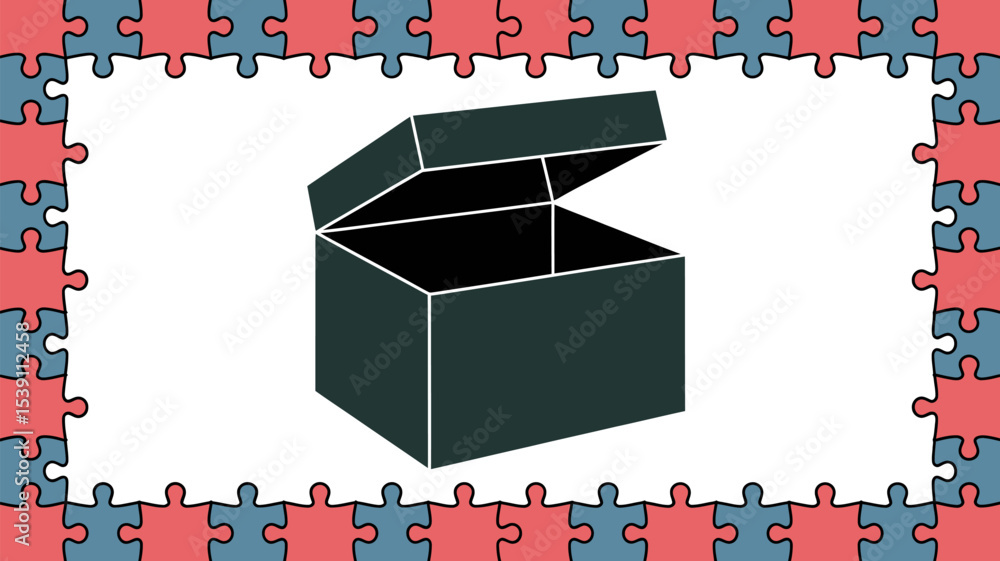 Poster open box container illustration with puzzle border graphic for design and creative projects use case