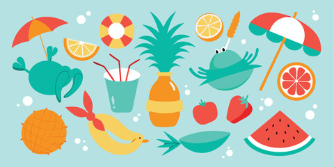 A colorful summer vacation illustration set featuring various delightful beach elements with tropical fruits and fun accessories in a flat design style