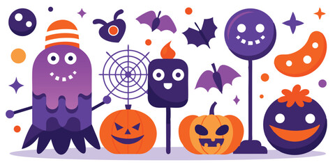 A playful vector illustration set featuring whimsical halloween characters including pumpkins bats spooky candle with halloween elements