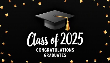 a stylish banner celebrating the "Class of 2025" with a graduation cap and golden confetti. It's a joyful reminder of academic achievements and new beginnings