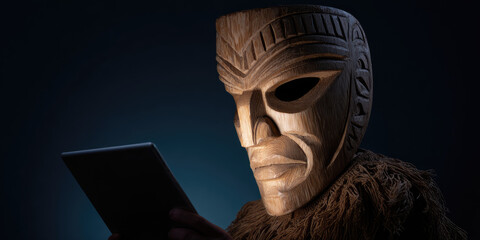Carved wooden mask figure holding a tablet in dim light. Tradition meets technology, digital exploration