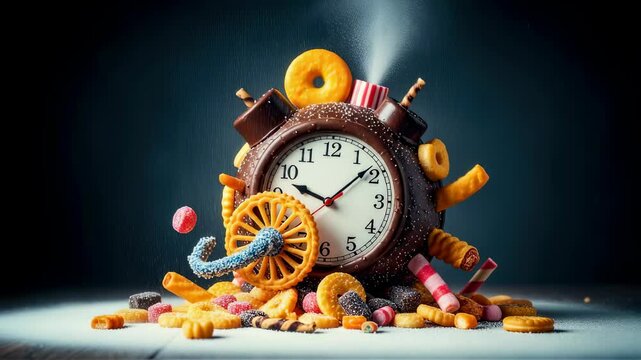 Whimsical dessert explosion: pastries and sugary treats surround vintage clock