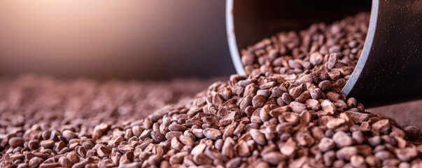 Cocoa beans spill from a metal container, creating a textured pile. Rich, organic ingredients, warm, earthy tones