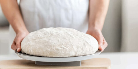 A person holds a tray with risen bread dough on a wooden table. Homemade baking preparation