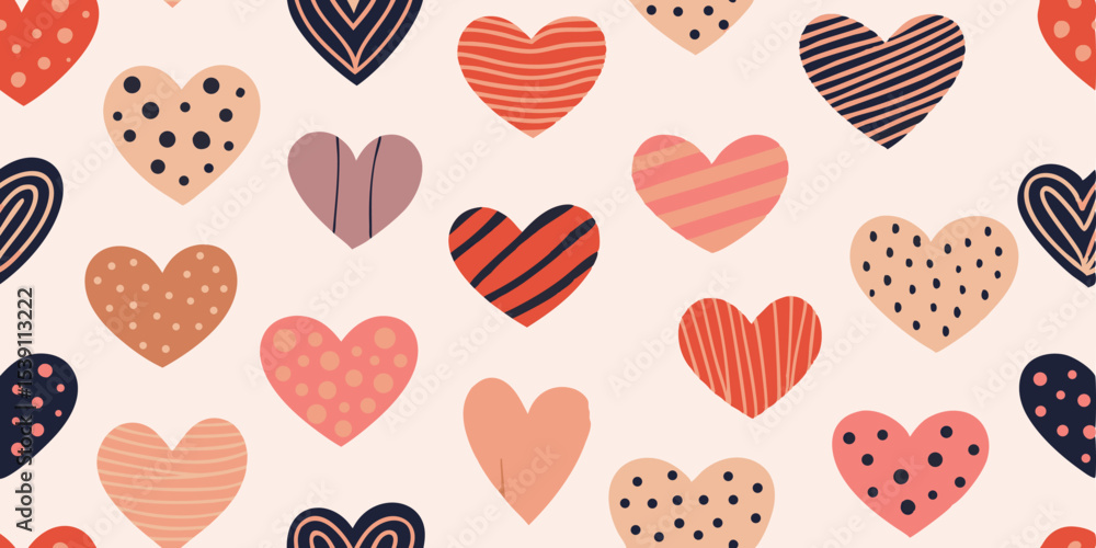 Poster beautiful hand drawn hearts pattern in various colors arranged on a cream background creating a repe