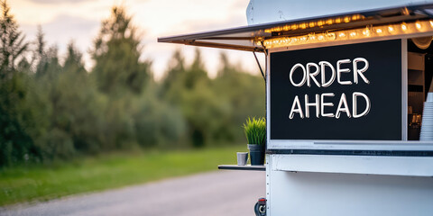 Food truck with a sign "ORDER AHEAD" is parked by a roadside, framed by greenery. Concept: mobile food service and convenience