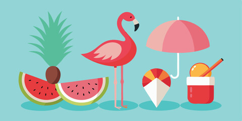 Bright and vibrant summer vacation illustration set featuring watermelon flamingo cocktail umbrella and a colorful kite design for a refreshing vacation theme