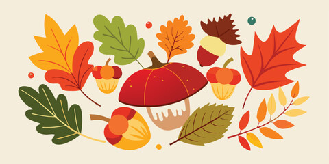 Charming autumn leaves acorns and pumpkin arrangements in a seasonal summer vacation illustration for decorative purpose and design projects