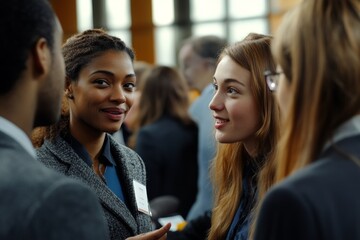 Fototapeta premium Close-up of multiple diverse individuals in formal attire cheerfully introducing themselves at a networking event held in a contemporary setting filled with professionals