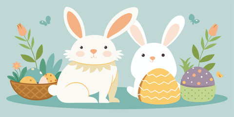 Obraz premium Charming easter bunny rabbits with decorated eggs basket flowers and butterflies in a delightful summer vacation illustration set