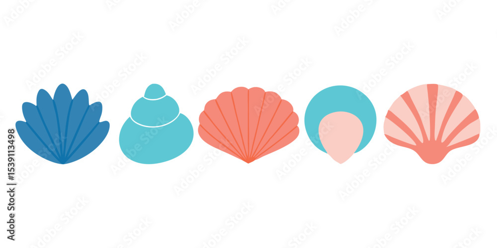 Poster colorful flat illustration featuring a collection of different seashells with summer colors in a dec