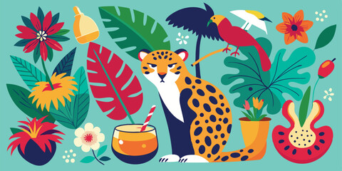 Colorful flat design illustration featuring a leopard tropical birds vibrant flowers and foliage suitable for summer vacation illustration set