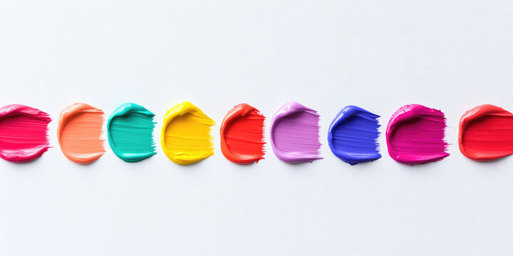 Different colored paint strokes palette are arranged in a row on a white surface. Colorful, artistic, paints