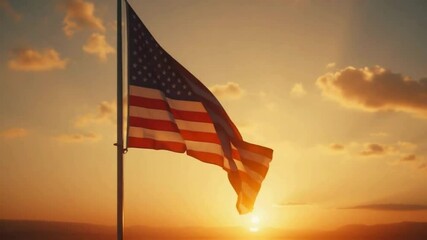 Wide shot of an American flag waving in the breeze at sunset, with soft wind sounds, golden hour light, and a peaceful patriotic mood. - Powered by Adobe