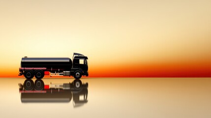 A black fuel truck drives along a smooth, reflective surface during sunset. The sky features a stunning display of orange and yellow tones, creating a peaceful atmosphere