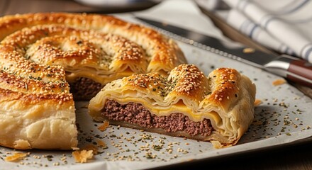 Close-up of traditional spiral börek filled with minced meat, topped with sesame seeds and herbs, baked to a golden crisp—capturing Turkish comfort food at its best.