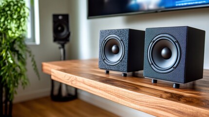 Two black speakers are positioned on a wooden table in a contemporary living room. The setup creates an inviting atmosphere for enjoying music or movies