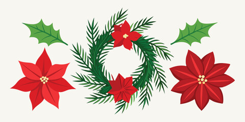 Festive arrangement of christmas poinsettia flowers holly leaves and pine branches in a flat design style for summer vacation illustration set