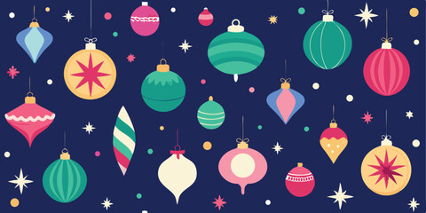 Festive christmas ornaments and starbursts floating seamlessly with a modern and playful design suitable for various holiday decorations