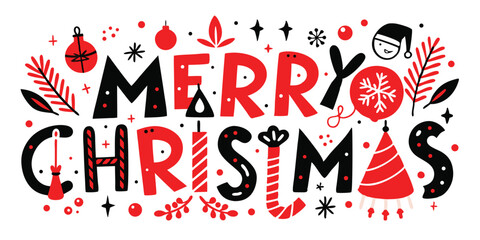 Festive merry christmas typography illustration featuring holiday elements in red and black with decorative ornaments for seasonal celebrations and decorations