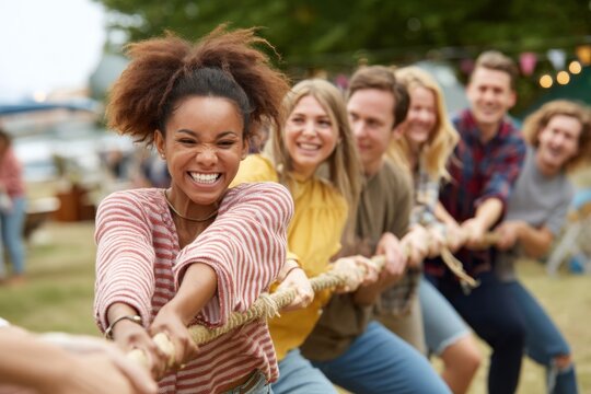 A lively group of friends engages in a tug-of-war contest at a community event held in the park. The atmosphere is cheerful, with spirited competition among participants