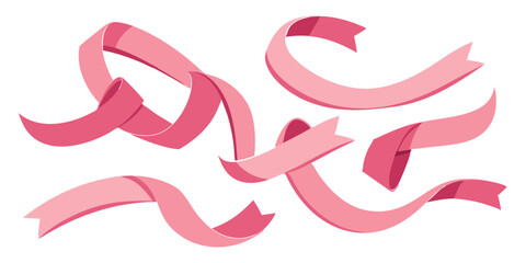 Pink ribbons in various forms for decoration, celebration and design purposes for summer vacation illustration set presented with transparency.