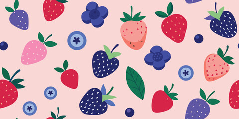 Playful and colorful summer vacation illustration set featuring strawberries blueberries and artistic floral elements on a light pink backdrop