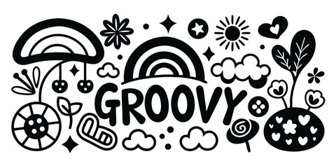 Playful black and white groovy illustration featuring rainbows sun clouds hearts stars and other decorative elements perfect for summer vacation design projects