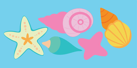 Playful and vibrant illustration of starfish seashells and other marine elements perfect for any summer vacation illustration set