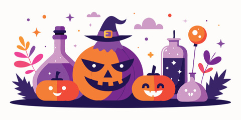 Playful and festive halloween summer vacation illustration set with pumpkins, witch hat, bottles, and decorative elements on a white background