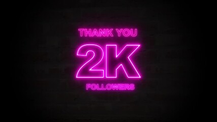 Thank you 1K followers. 2,000 followers realistic neon sign on the brick wall animation. confetti party effects, social media milestone motion graphics animation. - Powered by Adobe