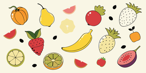 Playful hand drawn fruit collection with pumpkin pear watermelon strawberry banana pineapple lemon fig apple seeds summer vacation illustration set