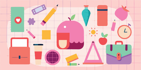Playful flat vector illustration of school and summer vacation related items against a soft grid background for diverse design applications