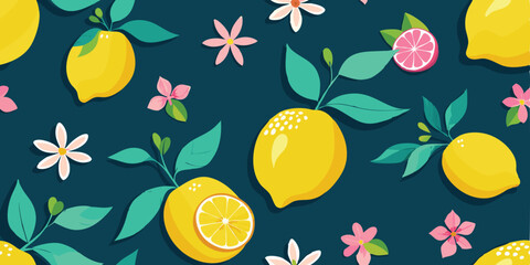Playful illustration of vibrant lemons with flowers and green leaves creating a seamless pattern perfect for summer vacation graphic design.