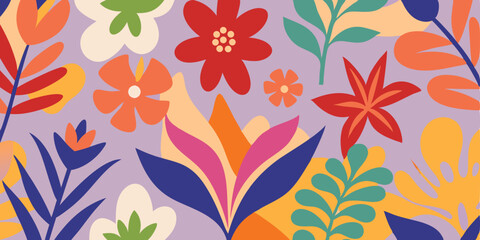 Vibrant and colorful botanical illustration featuring flowers and leaves designed for summer vacation themes and various design projects