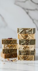 Stack of Organic Herbal Soap Bars with Dried Herbs on Marble
